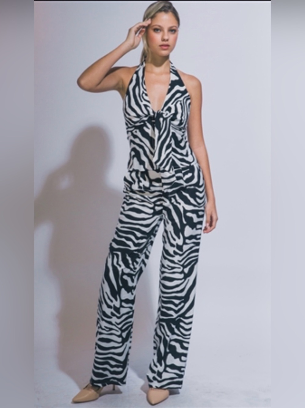 NWT Love Tree Zebra Print Halter 2-Piece Set - Wide Leg Pants